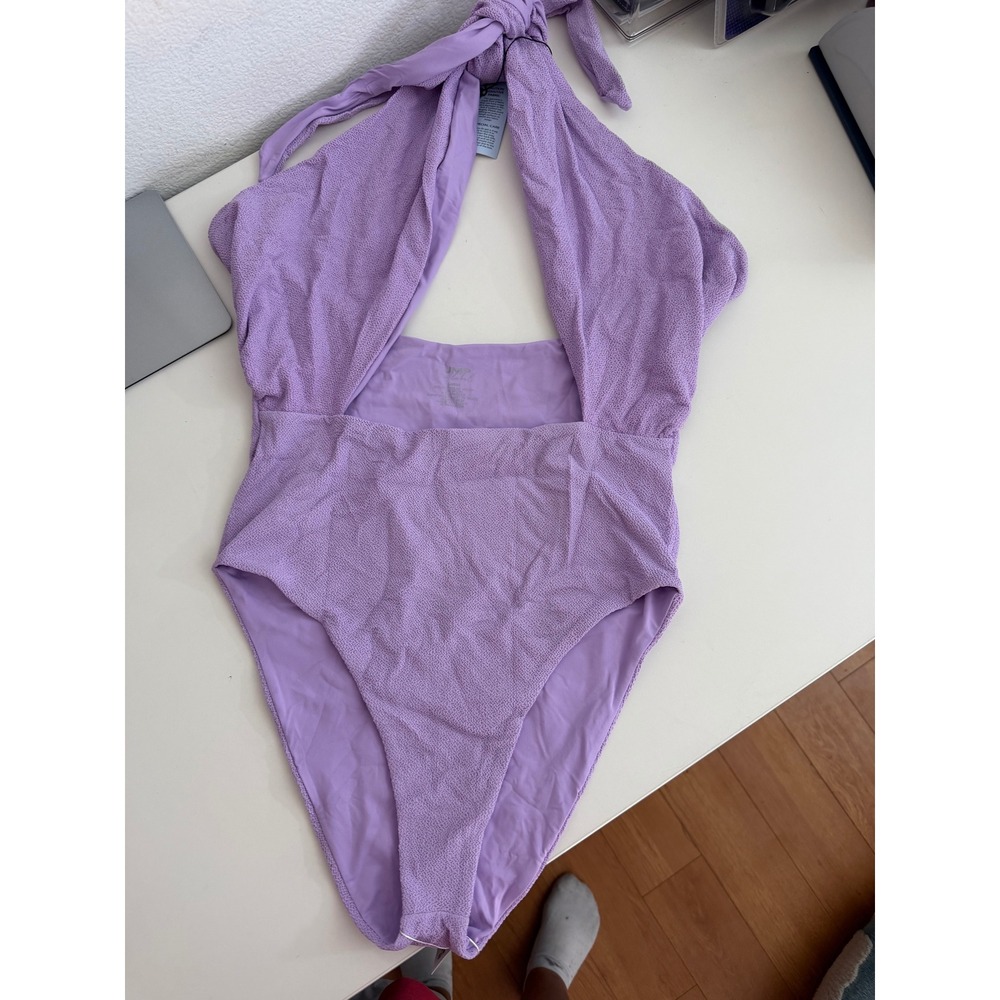 JMP The Label Lavender Crinkle Textured Halter One Piece Swimsuit Purple Large
